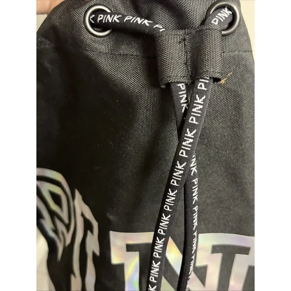 PINK Victoria's Secret Cinch Drawstring Large Back Pack Black/Silver NWOT